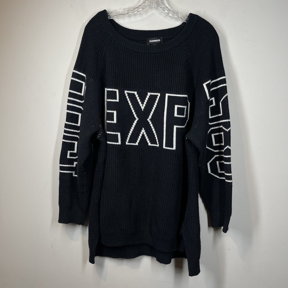 Express Womens Chunky Knit Black Logo Sweater Tunic Sz M Oversized Streetwear